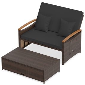 Conjunto sofá cama de ratán con otomana, respaldo ajustable y mesas laterales plegables negro