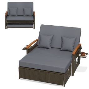 Sofá Cama de Exterior de Ratán con Reposapiés de Almacenamiento Respaldo Ajustable de 4 Niveles y Bandejas Laterales Retráctiles Gris