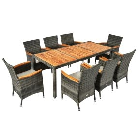 Juego de Muebles de 9 Piezas de Acacia y PE Mimbre con 1 Mesa Rectangular 8 Sillas Cojines Set de Comedor de Ratán para Jardín y Piscina