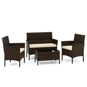 Set de Conversación de Ratán para Patio de 4 Piezas Muebles para Exterior con Silla Sofá de 2 Plazas y Mesa de Vidrio Templado Cojines Marrón
