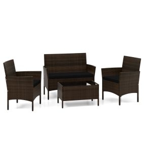 Set de Conversación de Ratán para Patio de 4 Piezas Muebles para Exterior con Silla Sofá de 2 Plazas y Mesa de Vidrio Templado Cojines Negro