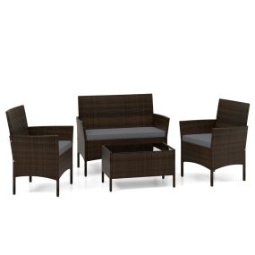 Set de Conversación de Ratán para Patio de 4 Piezas Muebles para Exterior con Silla Sofá de 2 Plazas y Mesa de Vidrio Templado Cojines Gris