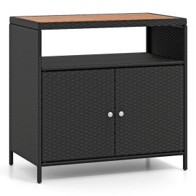 Gabinete Buffet de Ratán Exterior con Encimera de Madera Acacia Aparador de Mimbre de 2 Puertas Carrito de Cocina Terraza Patio Negro