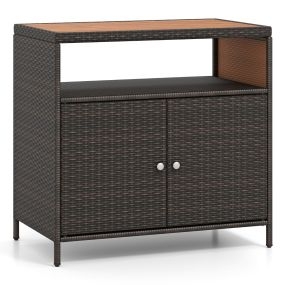 Gabinete Buffet de Ratán Exterior con Encimera de Madera Acacia Aparador de Mimbre de 2 Puertas Carrito de Cocina Terraza Patio Marrón