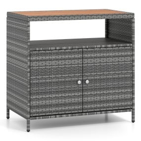 Gabinete Buffet de Ratán Exterior con Encimera de Madera Acacia Aparador de Mimbre de 2 Puertas Carrito de Cocina Terraza Patio Gris