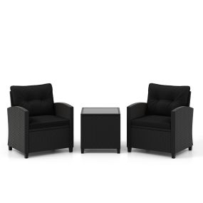 Juego de muebles de patio de 3 piezas de ratán con cojines y mesa de café de vidrio templado negro