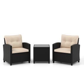 Juego de muebles de patio de 3 piezas de ratán con cojines y mesa de café de vidrio templado marrón