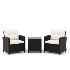 Juego de Muebles de Patio de 3 Piezas Set de Mueble de Ratán con Cojines de Asiento y Respaldo Mesa de Café de Vidrio Templado Blanco