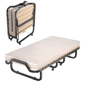 Cama plegable individual con colchón de espuma de memoria, estructura metálica y ruedas 90 x 200 x 41 cm