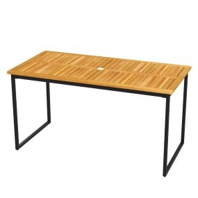 Mesa de Comedor de Madera de Acacia para 6 Personas Rectangular de 140cm con Tablero Ranurado Estructura de Metal y Agujero Natural y Negro