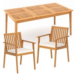 Set Mesa Comedor Exterior Madera Acacia 170x90cm con Agujero para Sombrilla y 2 Sillas con Cojín Removible y Reposabrazos