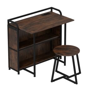 Escritorio con taburete, bandeja plegable, 2 estantes, 2 enchufes USB y puerto Tipo-C, marrón