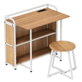 Escritorio con taburete, bandeja plegable, 2 estantes, 2 enchufes USB y puerto Tipo-C natural