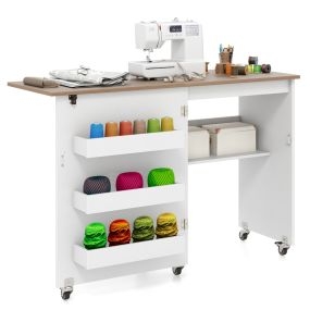 Mesa de costura plegable con estante y 3 compartimientos ocultos, escritorio móvil con ruedas bloqueables, natural y blanco