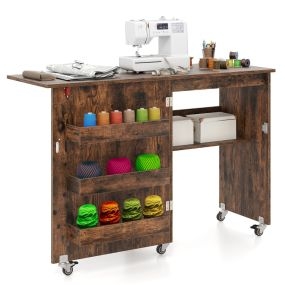 Mesa de costura plegable con estante, 3 compartimientos ocultos y ruedas bloqueables, marrón, 118,5 x 40 x 79,5 cm