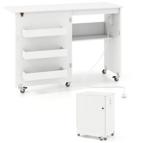 Mesa de costura plegable con estación de carga, estantes y contenedores con ruedas bloqueables, blanco