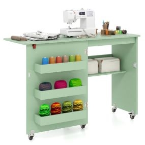 Mesa de costura plegable con estante y 3 compartimientos ocultos, escritorio móvil con ruedas bloqueables verde claro