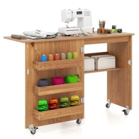 Mesa de costura plegable con estante y 3 compartimientos ocultos, ruedas bloqueables, 118,5 x 40 x 79,5 cm, natural