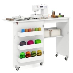 Mesa de costura plegable con estante y 3 compartimientos ocultos con ruedas bloqueables 118,5 x 40 x 79,5 cm blanco