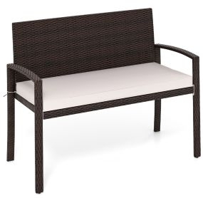 Silla de 2 Plazas de Mimbre con Cojín Acolchado de Asiento Suave Respaldo y Apoyabrazos para Patio 110 x 56 x 84 cm-Blanco