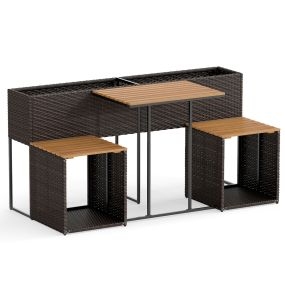 Juego de muebles de exterior con cama jardín elevada, mesa, ratán PE, sillas integradas y almacenaje, marrón