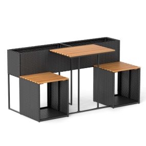 Juego de muebles de exterior con cama de jardín elevada, mesa, ratán PE, sillas integradas y almacenaje, negro