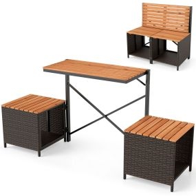 Banco convertible exterior 2 en 1 mesa picnic y sofá 2 plazas ratán PE plegable marrón