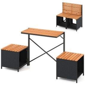 Banco convertible exterior 2 en 1 mesa picnic y sofá 2 plazas estructura metálica ratán PE plegable negro