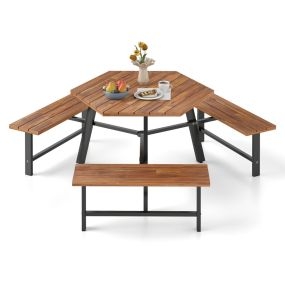 Conjunto de Mesa y Bancos para 6 Personas de Madera de Acacia con 3 Asientos Agujero para Sombrilla con Estructura Metálica Marrón y Negro