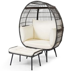 Juego de Silla Huevo Grande con Reposapiés Sofá de Ratán PE con Cojines Suaves para Jardín Conjunto de Silla en Huevo y Taburete Marrón