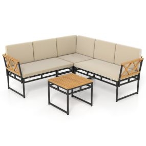 Juego de 4 Sofá Seccional Exterior en L Estructura Metálica Cuerda Bungee y Mesa de Madera de Acacia Beige