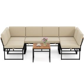 Juego de 6 Piezas Exterior con Muebles de Metal y Madera Acacia Cojines y Mesa de Café para Jardín o Piscina Beige