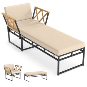 Sillón Reclinable de Patio con Otomana y Cojín Metal con Apoyabrazos de Madera de Acacia para Exterior Beige y Marrón y Negro
