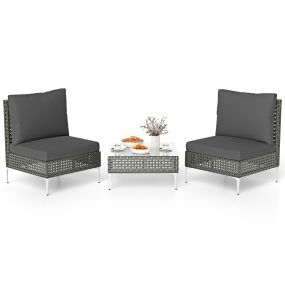 Juego de Muebles de Jardín de Mimbre de 3 Piezas Conjunto de Muebles de Exterior con 2 Sillones 1 Mesa de Centro de Cristal Templado