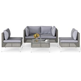 Conjunto de Jardín de 5 Piezas Muebles de Exterior de Ratán con Mesa de Centro de Vidrio Templado Cojines de Asiento y Respaldo Gris