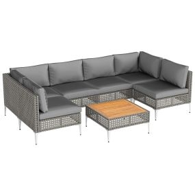 Juego de Mesa y Sillas de 7 Piezas de Ratán PE con Mesa de Madera de Acacia Cojines Desmontables y Patas de Metal Ajustables Gris