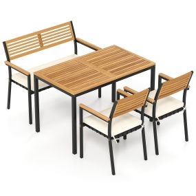Conjunto de comedor exterior 4 piezas con mesa, 2 sillas, sofá 2 plazas, cojines, madera y metal, orificio para sombrilla, patio y terraza