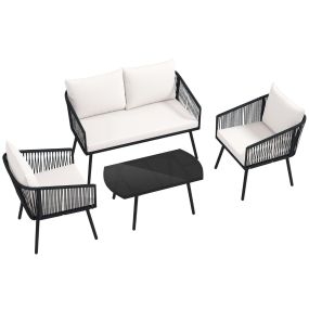 Conjunto de Jardín para 4 Personas Muebles de Exterior con Sillón de 2 Plazas 2 Sillas Mesa de Centro de Vidrio Templado Blanco