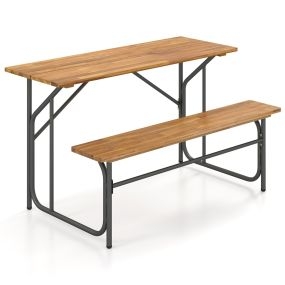 Conjunto Patio 2 Personas Mesa Picnic Unilateral con Sofá 2 Plazas Madera Acacia y Patas Metal para Balcón Patio Natural