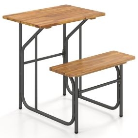 Set de Mesa y Banco de Patio Picnic Lado Único Madera Acacia Patas Metal Mueble Exterior Resistente Balcón Negro y Natural