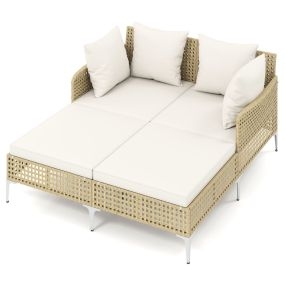 Tumbona Doble de Ratán para Exterior 2 Personas con Cojines de Asiento y Respaldo Soporte Metálico para Jardín Piscina Terraza Crema