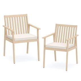 2 Sillas Comedor Patio Madera Acacia Exterior Cojín Removible Reposabrazos Carga 180kg Muebles Bistró Natural y Blanco