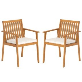 2 Sillas Comedor Exterior Madera de Acacia con Cojín Removible y Reposabrazos 180kg Capacidad Marrón y Blanco