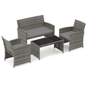 Juego de Conversación para Patio 4 Piezas de Ratán con Cojines y Tablero Vidrio Templado para Jardín Porche Balcón Gris