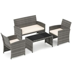 Juego de Conversación para Patio 4 Piezas de Ratán con Cojines y Tablero Vidrio Templado para Jardín Porche Balcón Crema