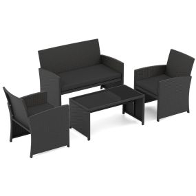Conjunto Ratán Patio 4 Piezas Sillones 2 Plazas Mesa Vidrio Templado Acolchados Exterior Porche Piscina Negro