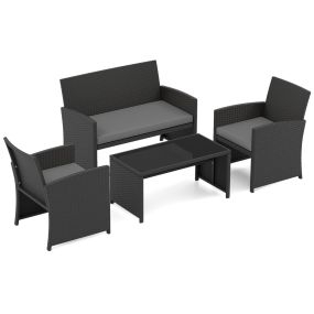 Conjunto Ratán Patio 4 Piezas Sillones 2 Plazas Mesa Vidrio Templado Acolchados Exterior Porche Piscina Gris