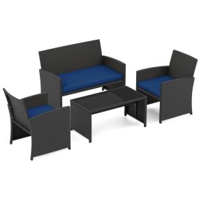 Conjunto Ratán Patio 4 Piezas Sillones 2 Plazas Mesa Vidrio Templado Acolchados Exterior Porche Piscina Azul Oscuro