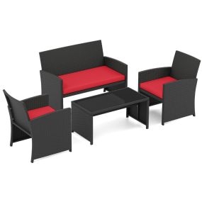 Conjunto Ratán Patio 4 Piezas Sillones 2 Plazas Mesa Vidrio Templado Acolchados Exterior Porche Piscina Rojo