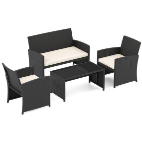 Conjunto Ratán Patio 4 Piezas Sillones 2 Plazas Mesa Vidrio Templado Acolchados Exterior Porche Piscina Crema